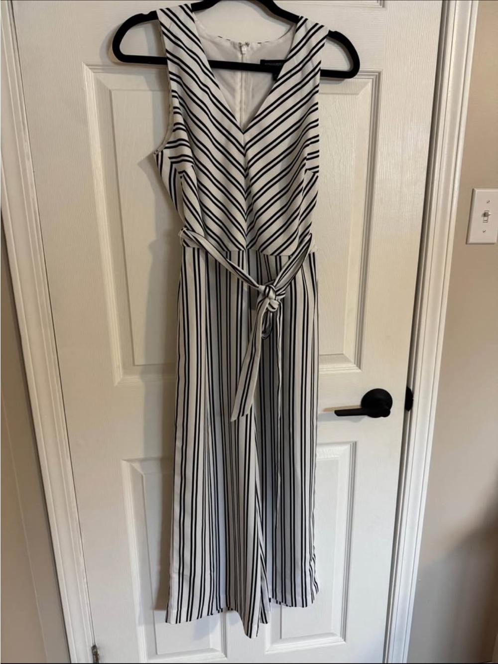 Banana Republic Black and White Striped V-Neck Wide-Leg Jumpsuit